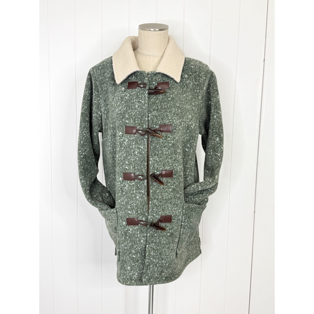 Denim & Co Heritage Olive Fleece Sherpa Toggle Duffle Coat Women M Herringbone